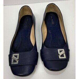 Nine West Ballet Flats Navy Blue Faux Leather Slip On Buckle Accent 9 M‎ Lyrical